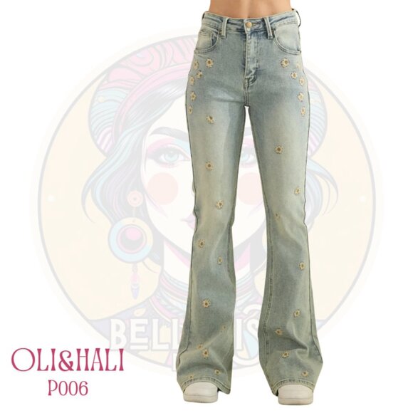 P006 OLI & HALI Lt Blue Denim Floral Embroidered Flare Stretch Jeans - Picture 1 of 2